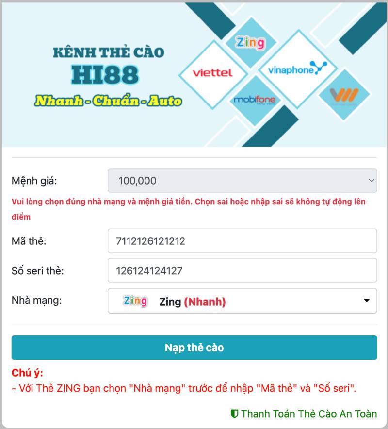 Hướng Dẫn Nạp Tiền Hi88 – Đơn Giản, Nhanh Chóng 7 nap the cao hi88